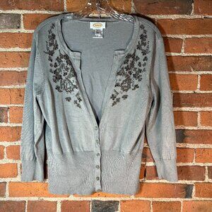 Talbots Womens L Silk Blend Cardigan Gray Beaded Sweater Embellished Button Fron